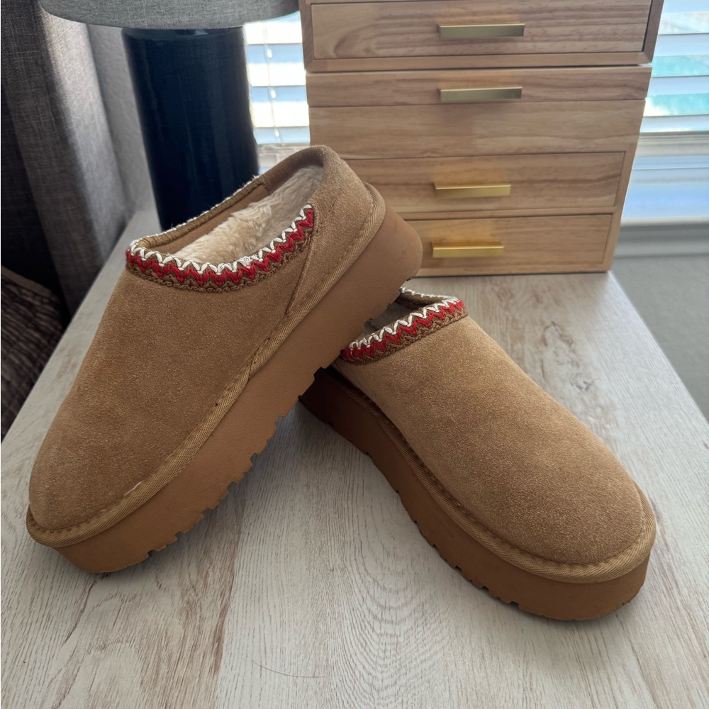 Cozy Brown Suede Mules with Red Trim
